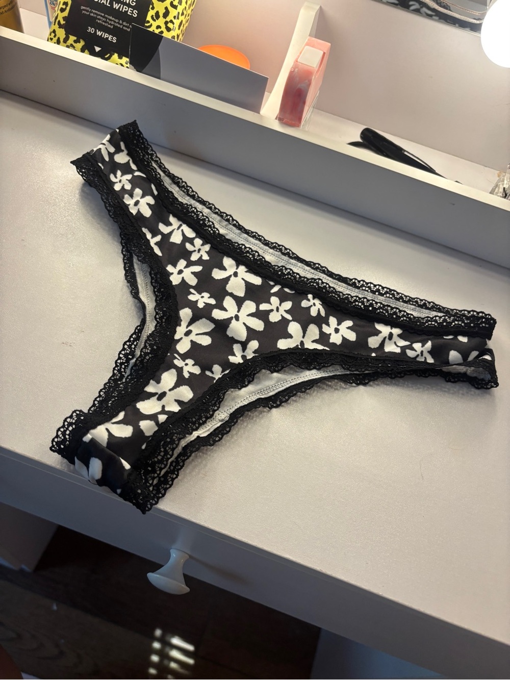 Victoria's Secret Black and White Floral Lace-Trim Thong